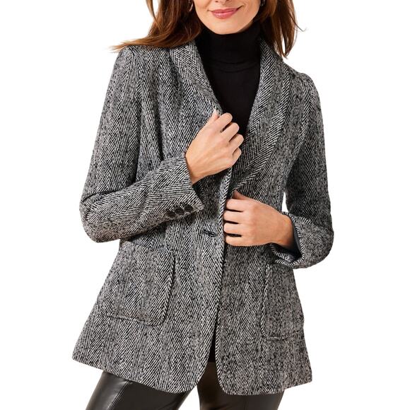 Talbots NWT Petite Black & White Herringbone Wool Blend Relaxed Blazer Coat - Picture 1 of 12